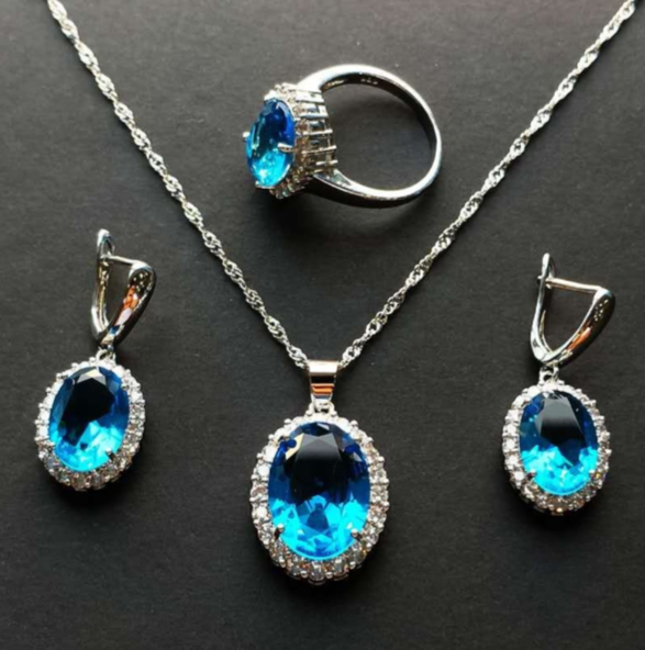 SCHMUCKSET KOMPLETT HALSKEETE, OHRRINGE UND RING (ZIRKON +AAA).