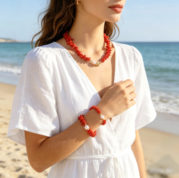 Set di collana e bracciale in rami di corallo rosso e perle naturali,stile retrò