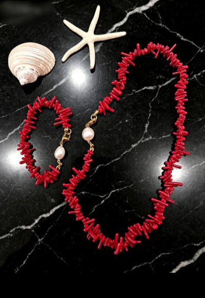 Set di collana e bracciale in rami di corallo rosso e perle naturali,stile retrò
