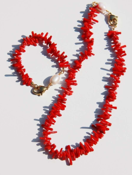 Set di collana e bracciale in rami di corallo rosso e perle naturali,stile retrò