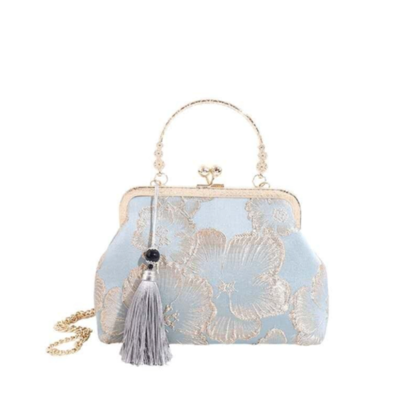 Pochette da sera vintage in broccato floreale, borsa a mano con nappa e catena