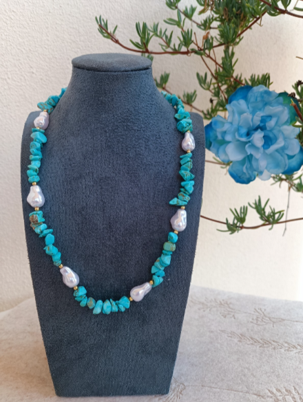 Stainless steel necklace with natural beads and baroque pearls, hypoallergenic