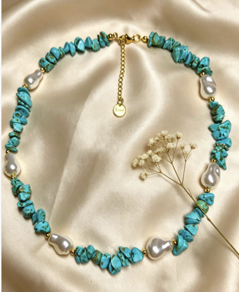 Stainless steel necklace with natural beads and baroque pearls, hypoallergenic