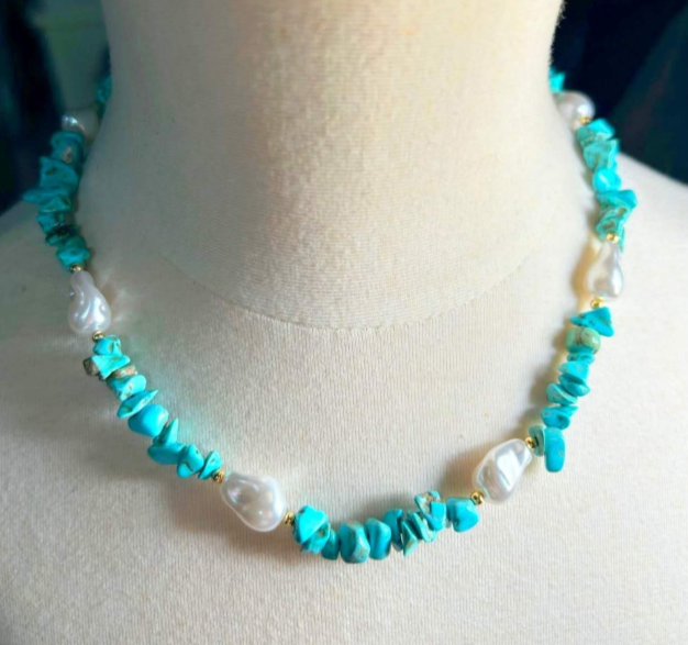 Stainless steel necklace with natural beads and baroque pearls, hypoallergenic