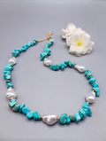 Stainless steel necklace with natural beads and baroque pearls, hypoallergenic