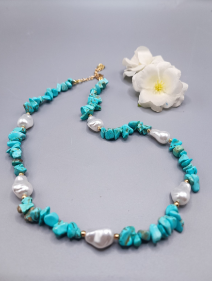 Stainless steel necklace with natural beads and baroque pearls, hypoallergenic