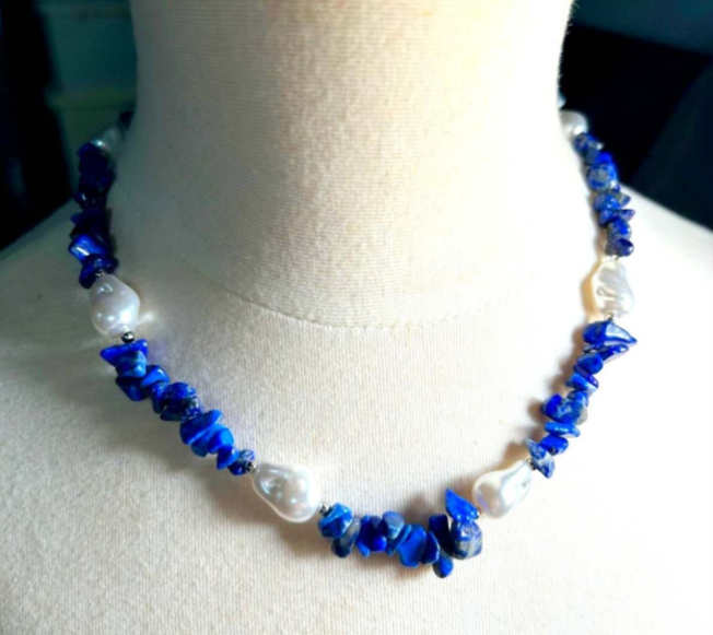 Stainless steel necklace with natural beads and baroque pearls, hypoallergenic
