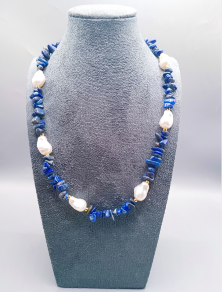 Stainless steel necklace with natural beads and baroque pearls, hypoallergenic