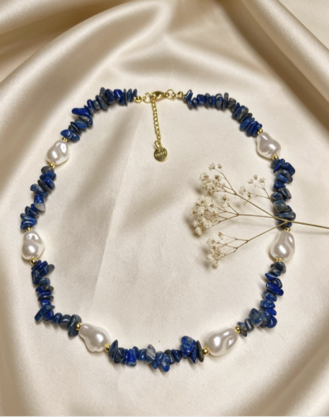 Stainless steel necklace with natural beads and baroque pearls, hypoallergenic