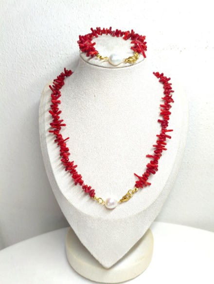Set di collana e bracciale in rami di corallo rosso e perle naturali,stile retrò