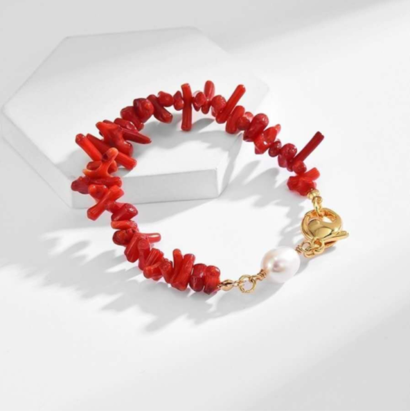 Set di collana e bracciale in rami di corallo rosso e perle naturali,stile retrò