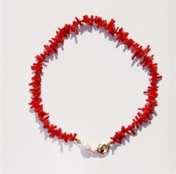 Set di collana e bracciale in rami di corallo rosso e perle naturali,stile retrò