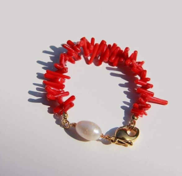 Set di collana e bracciale in rami di corallo rosso e perle naturali,stile retrò