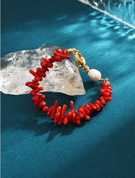 Set di collana e bracciale in rami di corallo rosso e perle naturali,stile retrò