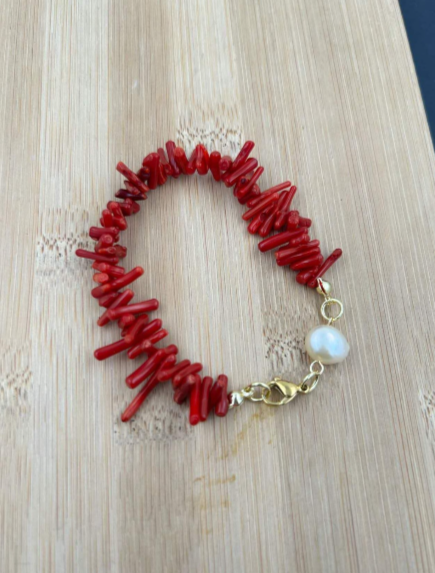 Set di collana e bracciale in rami di corallo rosso e perle naturali,stile retrò