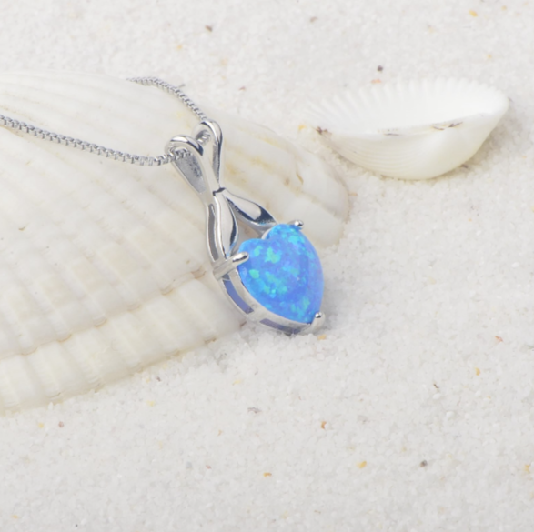 18K white gold plated necklace with heart-shaped opal