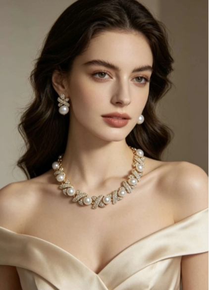 Set Collana e Orecchini con Perle e Zirconi - Stile Francese Elegante