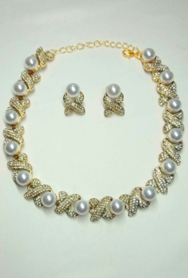 Set Collana e Orecchini con Perle e Zirconi - Stile Francese Elegante