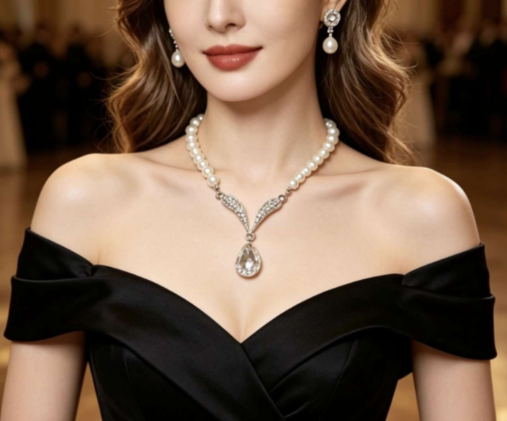 Set Collana e Orecchini con Perle e Zirconi, Stile Vintage