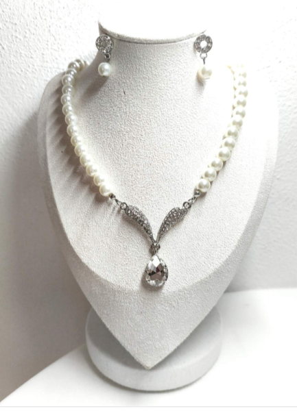 Set Collana e Orecchini con Perle e Zirconi, Stile Vintage