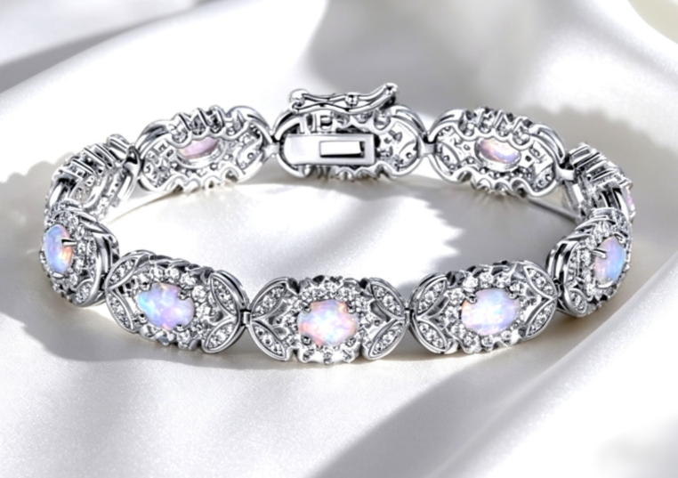 Sterling silver 925 bracelet with opal, floral link bracelet with cubic zirconia
