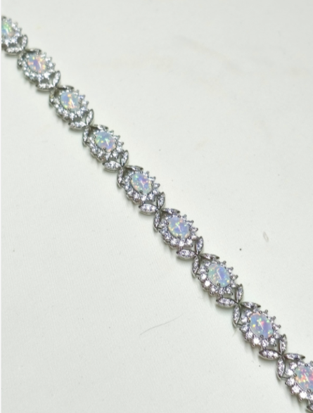 Sterling silver 925 bracelet with opal, floral link bracelet with cubic zirconia