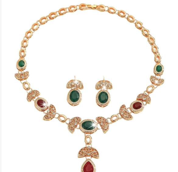 Set collana e orecchini con zirconi smeraldo e rosso