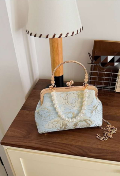 Sky Blue Brocade Clutch with Rose Embroidery, Pearl Handle and Gold Chain