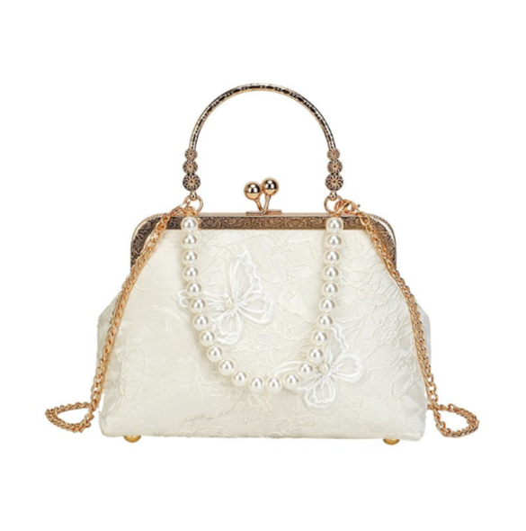 Pochette da sera in seta con ricamo farfalla 3D in pizzo avorio