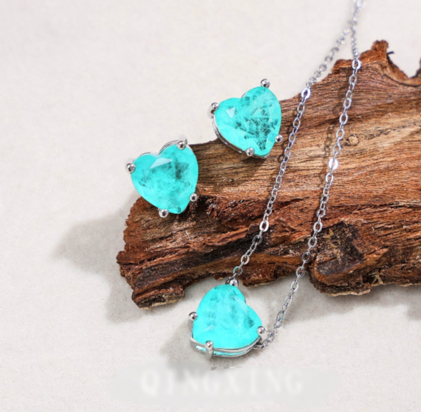 Steel set with Paraiba Stone Heart shape(S925 silver stud earrings)