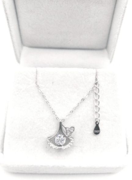 Collana Pendente Foglia Ginkgo Argento 925 Zirconi Brillanti, Catena Regolabile