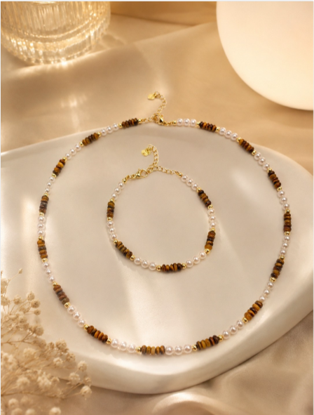 Set aus Tigerauge-Naturstein, 2-teilig, mit Perlen