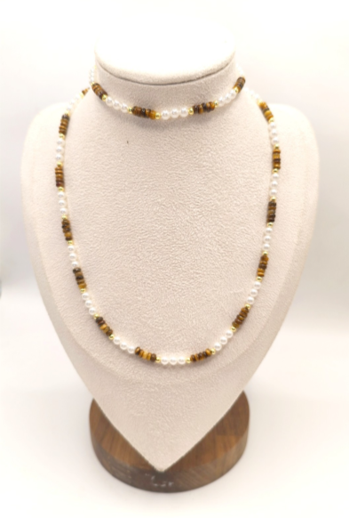 Set aus Tigerauge-Naturstein, 2-teilig, mit Perlen