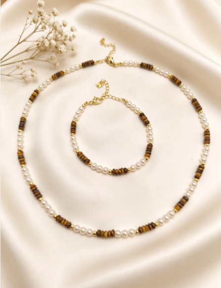 Set aus Tigerauge-Naturstein, 2-teilig, mit Perlen
