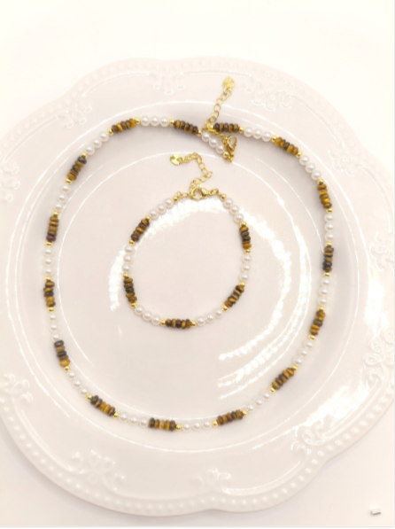 Set aus Tigerauge-Naturstein, 2-teilig, mit Perlen