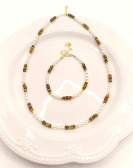 Set aus Tigerauge-Naturstein, 2-teilig, mit Perlen