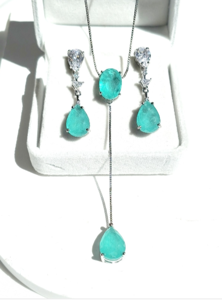 18K White Gold Plated Water Blue Zircon Necklace and Earrings Set