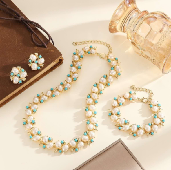 Completo 3 PEZZI Gioielli Vintage con Perle e Pietra turchese, Stile Floreale