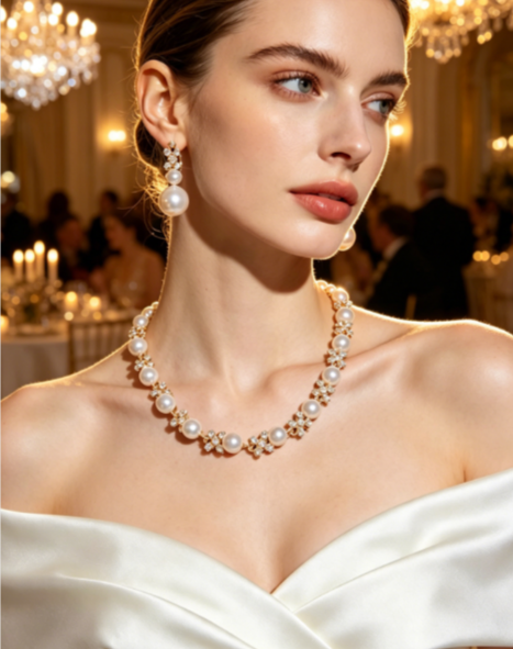 Fashion set COLLANA E ORECCHINI di zirconi, cristalli e perle 2 PEZZI