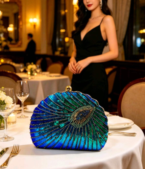 Pochette Conchiglia Pavone con Perline & Pagliette Cucite a Mano