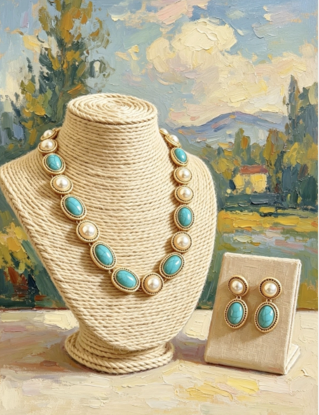 set di perle e pietra turchese naturale stile vintage 2 pezzi