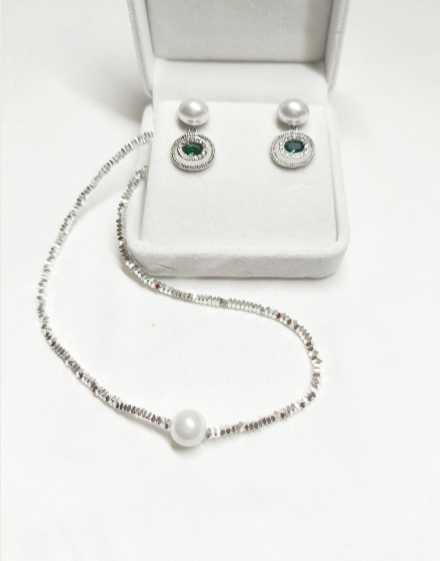 Set Perle Naturali Plac Arg, Collana Choker Monoperla e Orecchi Pendenti Zirconi