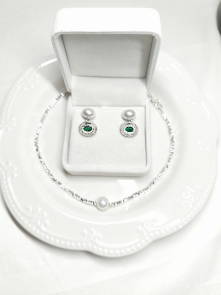 Set Perle Naturali Plac Arg, Collana Choker Monoperla e Orecchi Pendenti Zirconi