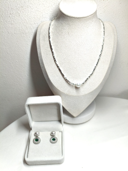 Set Perle Naturali Plac Arg, Collana Choker Monoperla e Orecchi Pendenti Zirconi