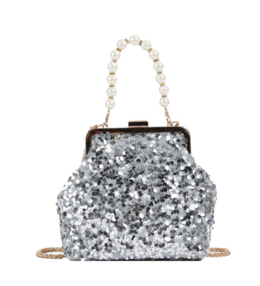 Pochette da Sera in Paillettes Argentate con Maniglia in Perle e Catena Staccabi