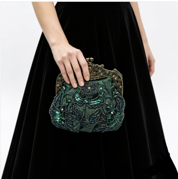 Pochette artigianale "Camelia Smeraldo", verde smeraldo con perline e lustrini
