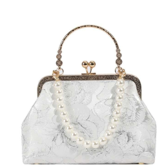 Clutch aus weißem Seidenbrokat mit Blumenmuster, Handtasche mit Perlen