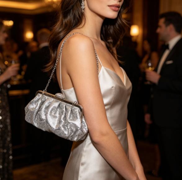 Abendclutch in Silberpailletten mit Schnappverschluss und abnehmbarer Kette