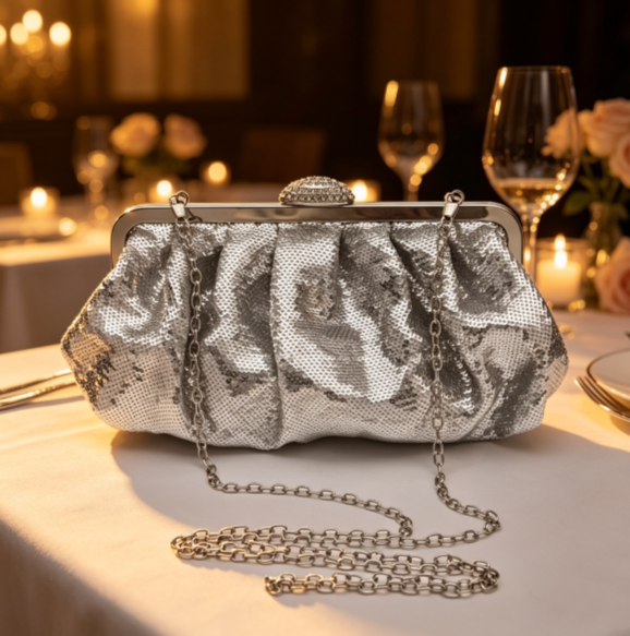 Abendclutch in Silberpailletten mit Schnappverschluss und abnehmbarer Kette