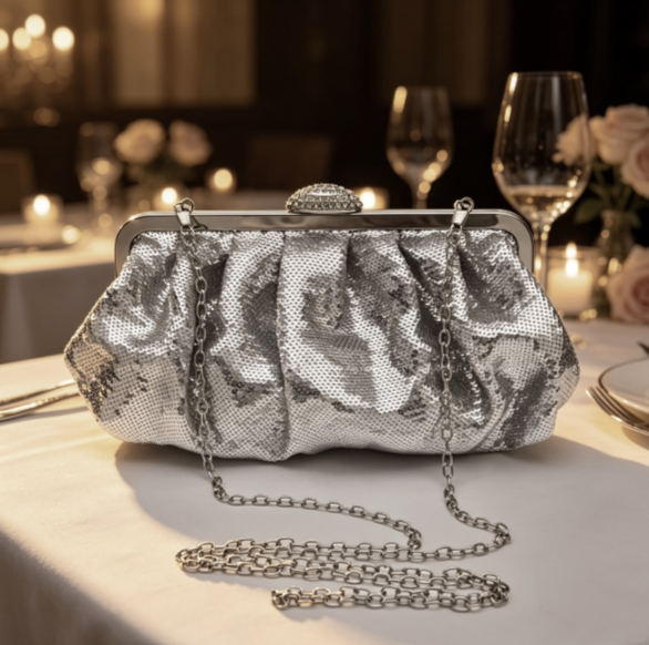 Abendclutch in Silberpailletten mit Schnappverschluss und abnehmbarer Kette
